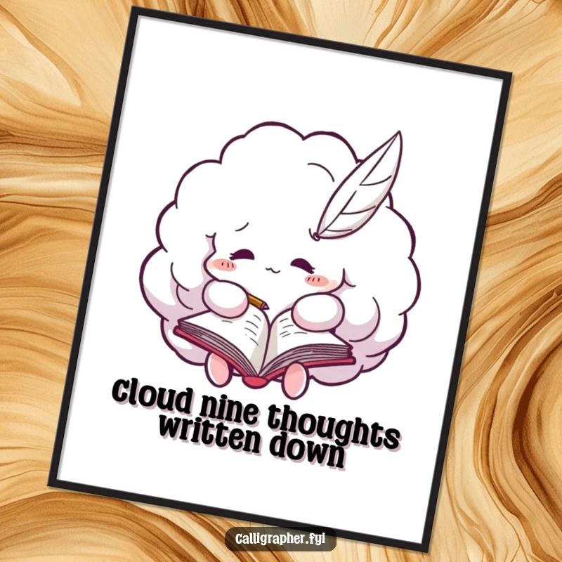 Funny Free Printable Wall Art: Humorous illustration of a cloud with a quill pen, writing furiously, perfect for creative spaces.