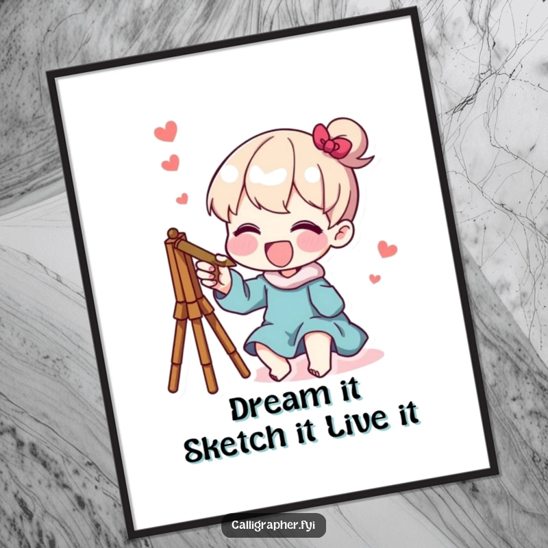 Funny Free Printable Wall Art: Character joyfully sketching a whimsical, creative design, adding artful charm.