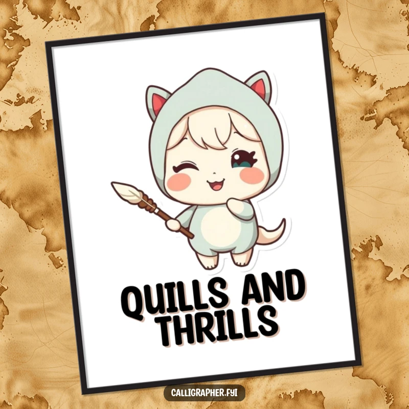 Funny Free Printable Wall Art: A cute character holding a quill and giving a delighted wink, radiating playful charm.