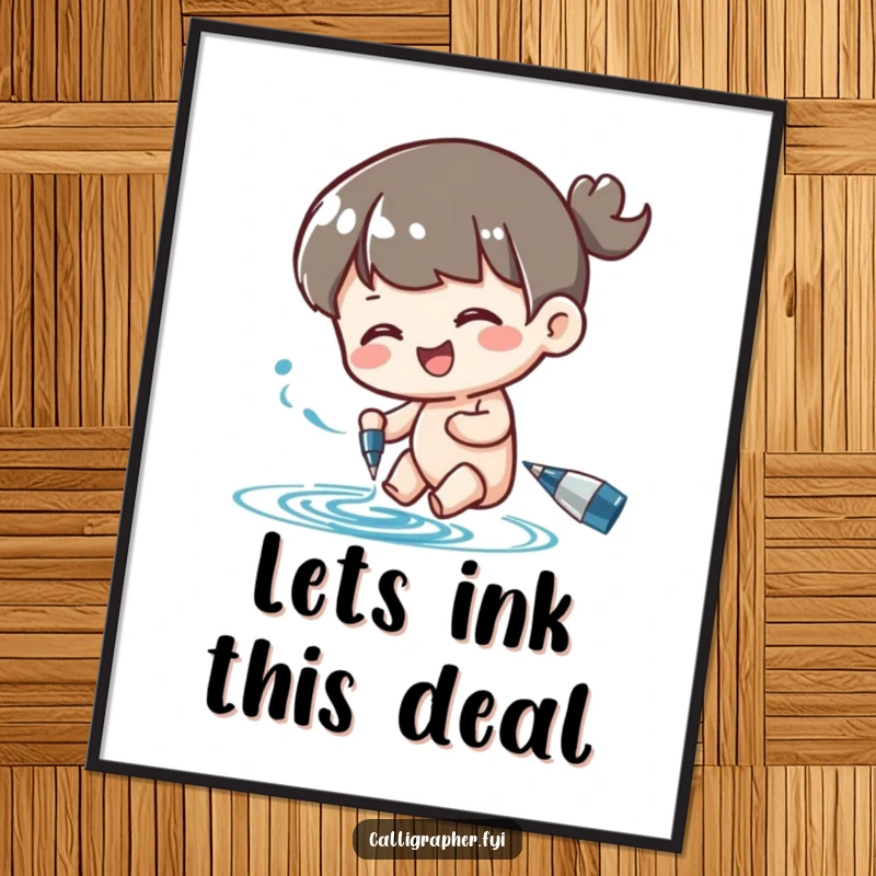 Funny Free Printable Wall Art depicting a cute character happily swirling ink from a pen with creative energy.