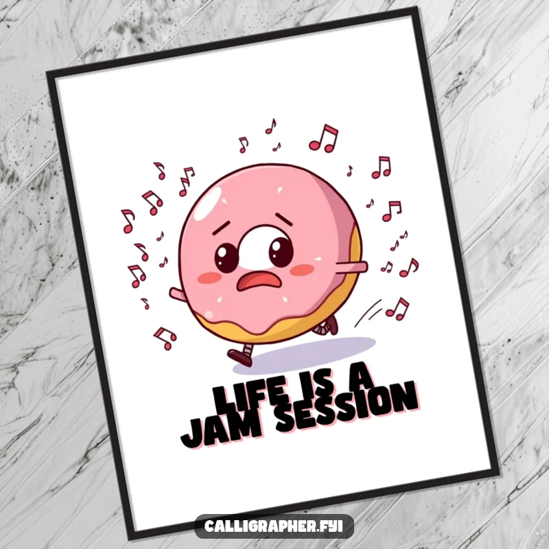 Funny Free Printable Wall Art: Bewildered donut character pursued by musical notes, downloadable art.