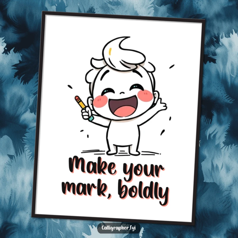 Funny Free Printable Wall Art: A smiling character excitedly sketching with dynamic, bold strokes, adding artistic flair.