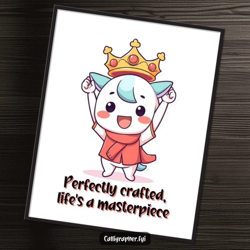 Funny Free Printable Wall Art: Kawaii character triumphantly holds a perfect creation, smiling with pride, a humorous and downloadable piece.