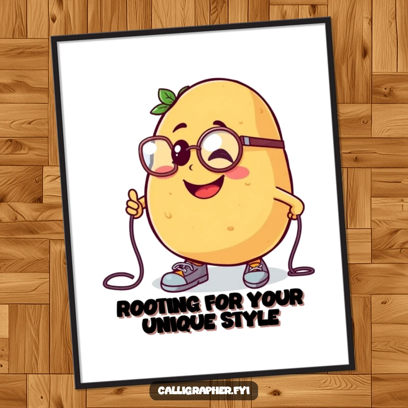 Funny Free Printable Wall Art: Cheerful potato character tripping, monocle, downloadable decor.