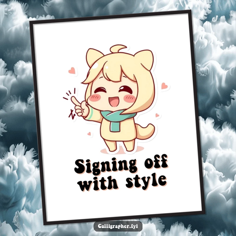 Funny Free Printable Wall Art: cute character excitedly showcasing a very elaborate and stylish flourished signature.
