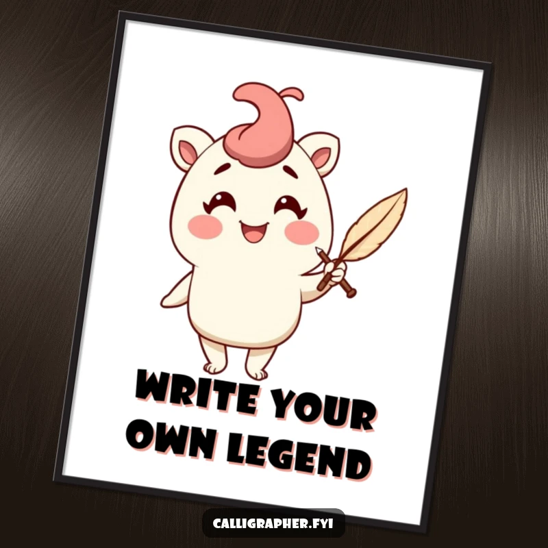 Funny Free Printable Wall Art: Cheerful character holding a quill pen with a flourish, adding elegant humor.