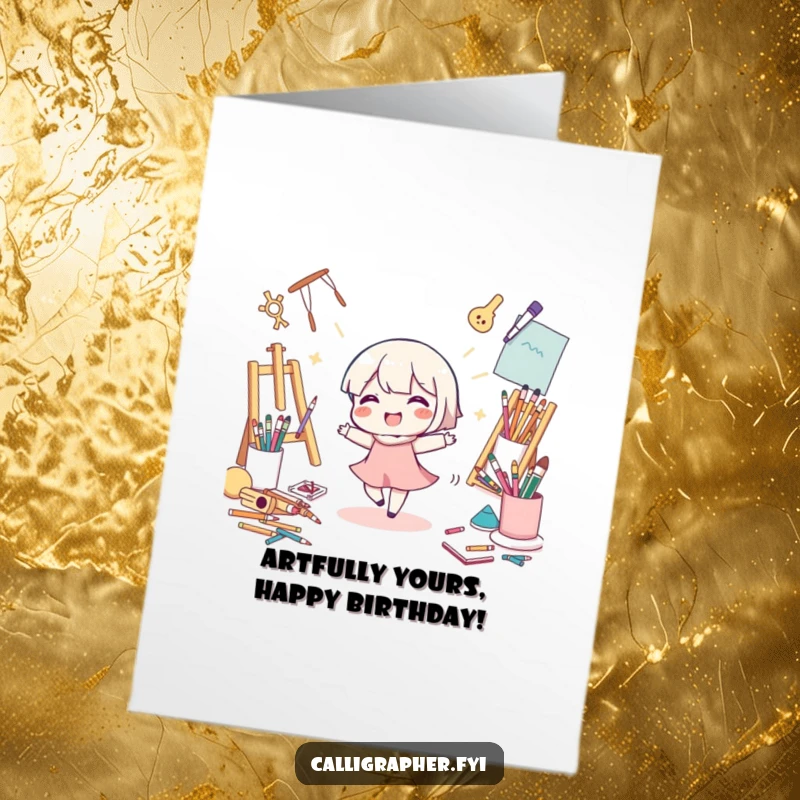 Funny Free Printable Birthday Card: a cute character joyfully dances amidst scattered art supplies, celebrating creativity and happiness.