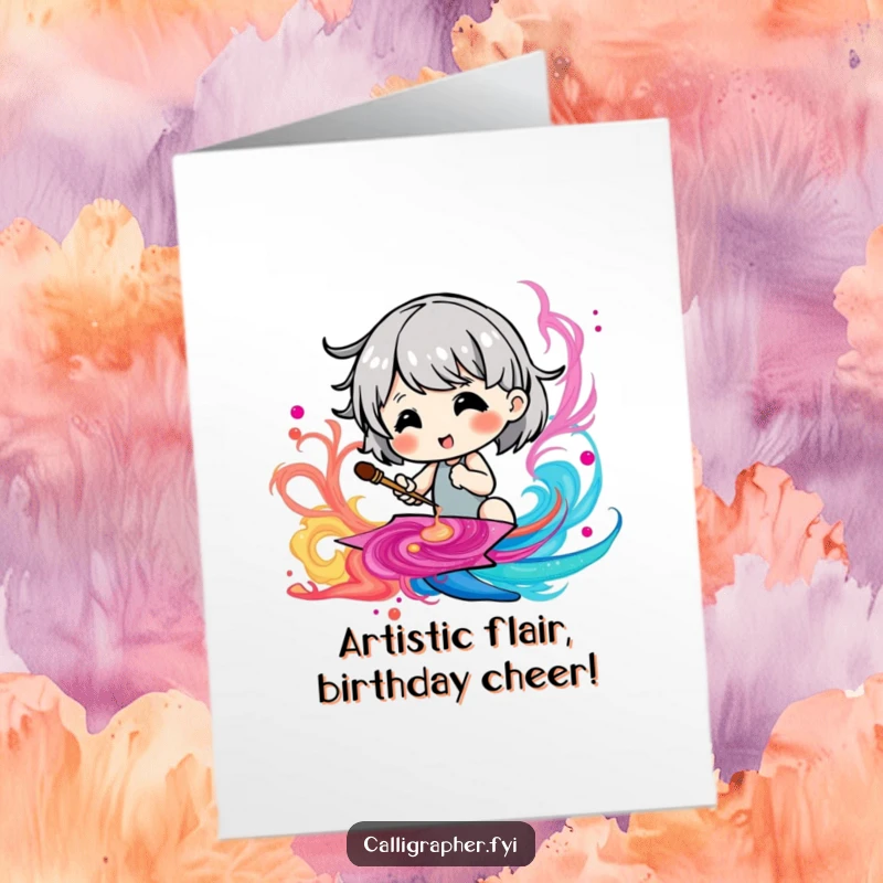 Funny Free Printable Birthday Card featuring a cute character joyfully painting a vibrant, swirling ink pattern.