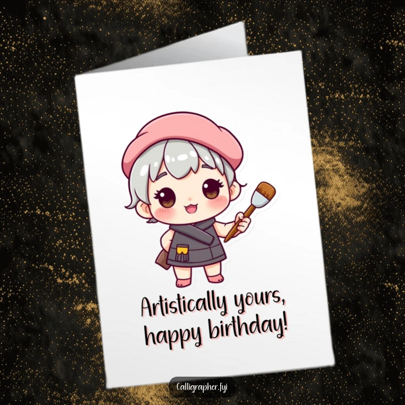 Funny Free Printable Birthday Card: Cute artist character in a beret proudly holding a paintbrush, ready to create birthday magic.