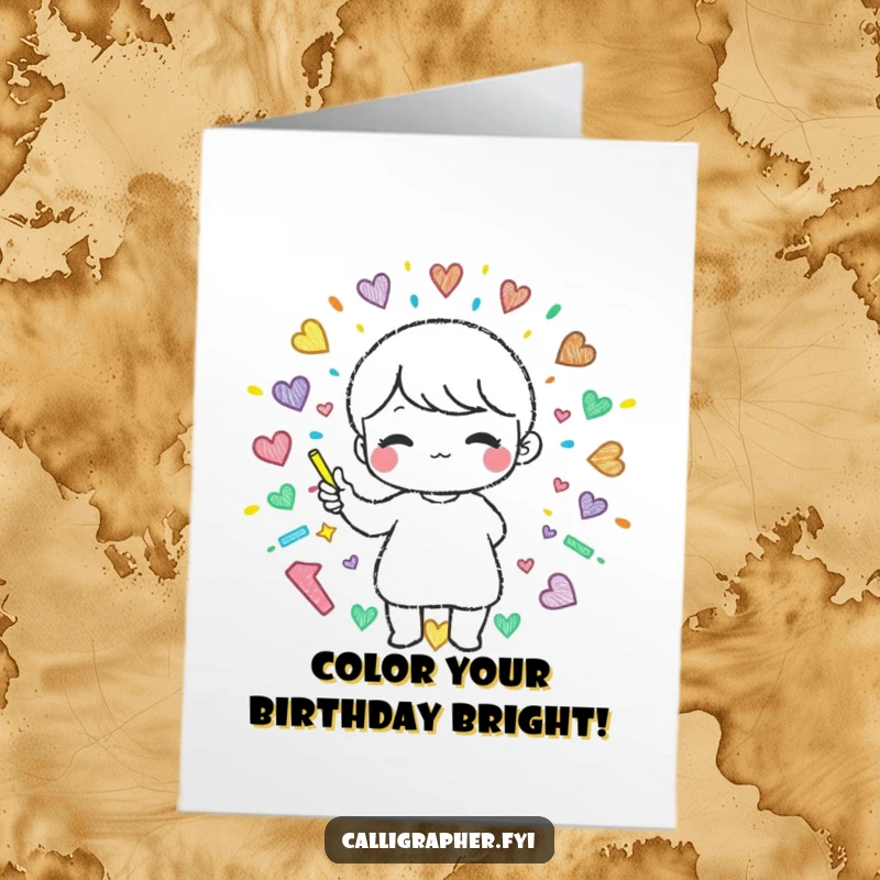 Funny Free Printable Birthday Card: Cute character joyfully creating a colorful chalk pattern, spreading birthday cheer visually.