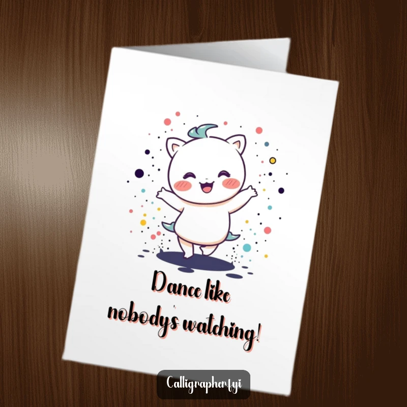 Funny free printable birthday card featuring a cute kawaii character joyfully dancing amidst colorful ink splatters.