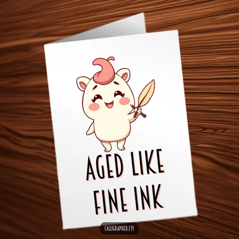 Funny Free Printable Birthday Card: Cheerful character holding a quill pen with a flourish, signing off birthday joy.