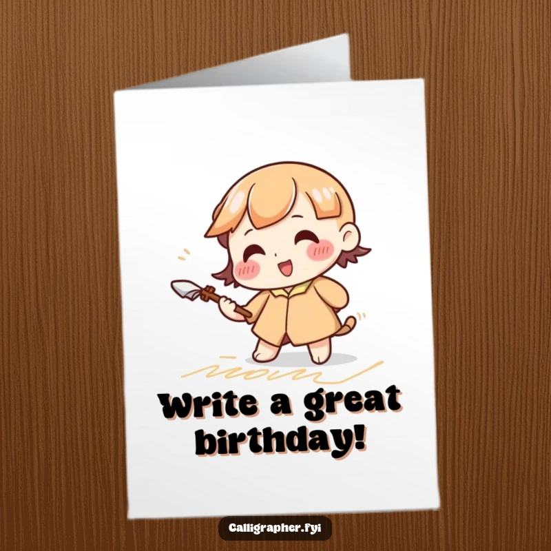Funny Free Printable Birthday Card: A cute character diligently practices cursive with a large quill, celebrating your special day.