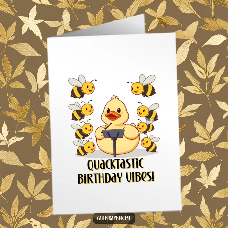 Funny Free Printable Birthday Card: Rubber ducky conducting smiling bees like an orchestra, celebrating a birthday with joy.