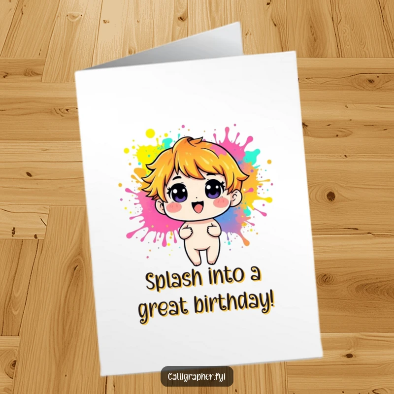 Funny Free Printable Birthday Card: Playful character making vibrant paint splashes, a colorful and downloadable DIY greeting for a cheerful celebration.