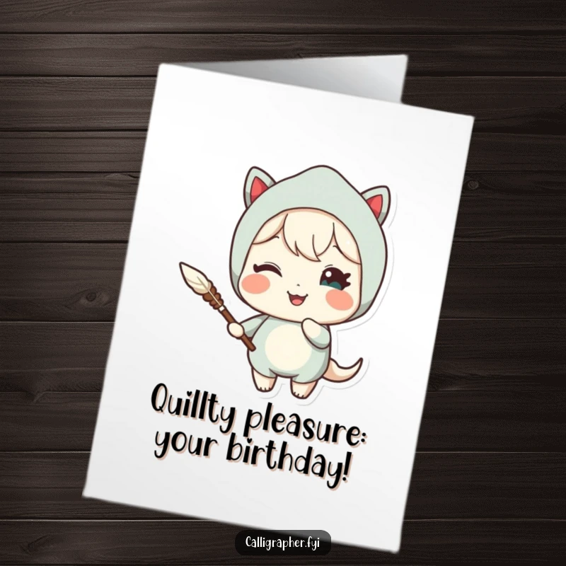Funny Free Printable Birthday Card: A cute character holding a quill and giving a delighted wink, full of birthday cheer.