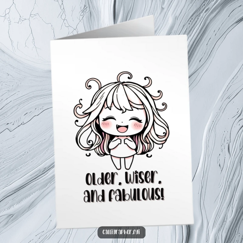 Funny Free Printable Birthday Card featuring a happy character gracefully practicing elegant ink swirls for a special wish.