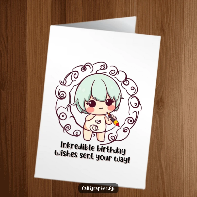 Funny Free Printable Birthday Card: Cute character joyfully swirling ink with a calligraphy pen, ready to celebrate.