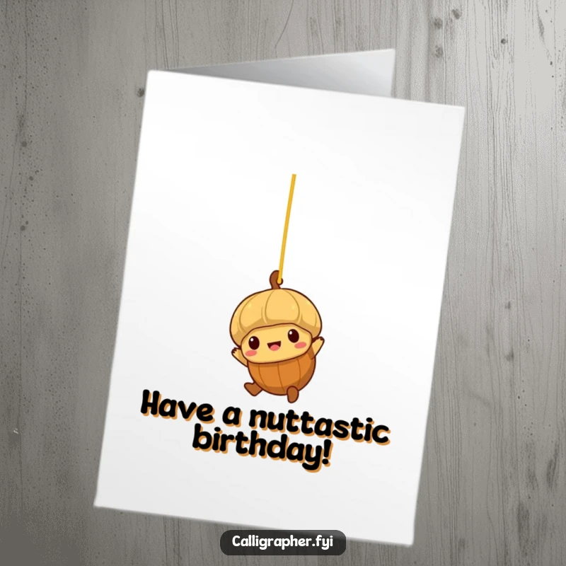 Funny Free Printable Birthday Card: Acorn character swinging from spaghetti, brave and whimsical.