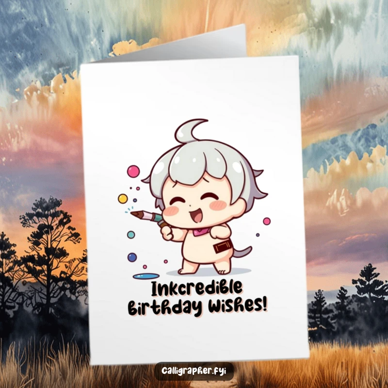 Funny Free Printable Birthday Card: Kawaii character energetically sprays ink from a pen nib, a creative and downloadable celebration.