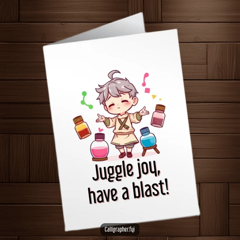 Funny Free Printable Birthday Card: Artist juggling three colorful ink bottles, playful and energetic art.