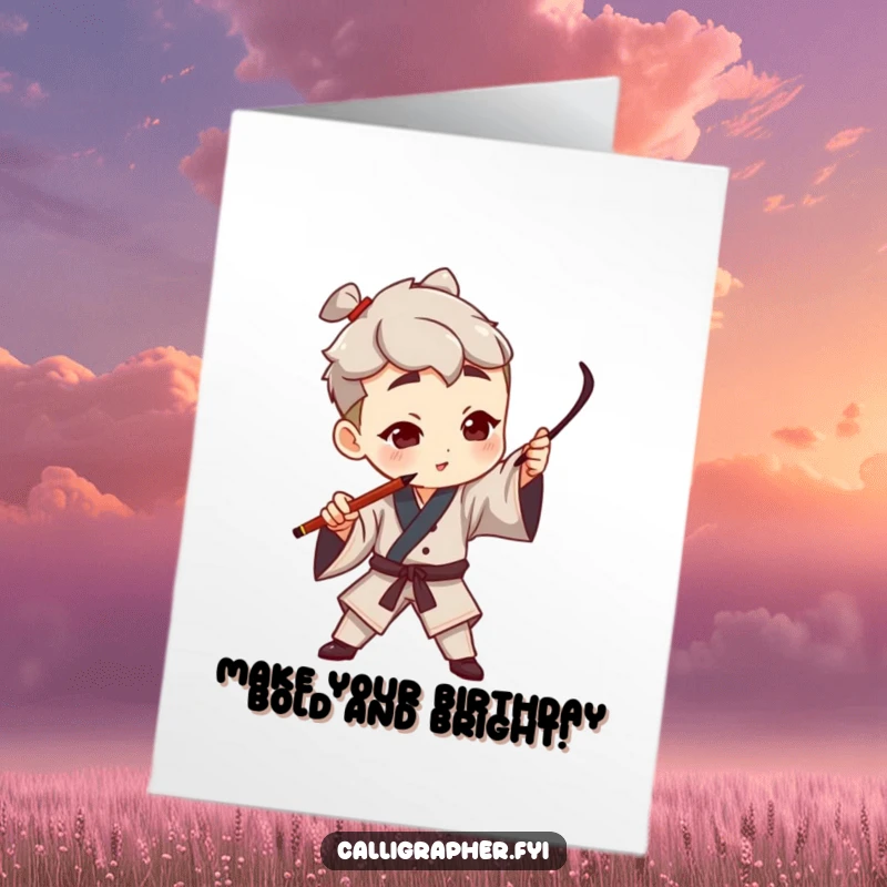 Funny Free Printable Birthday Card: Artist making a bold stroke in the air with a calligraphy pen, dramatic and artistic.