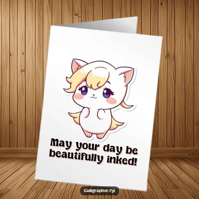 Funny Free Printable Birthday Card: Cute character with a very focused expression, drawing an elegant flourish with a pen.