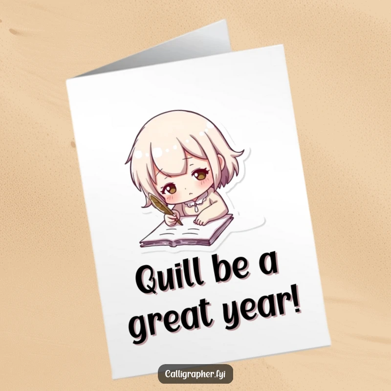 Funny Free Printable Birthday Card featuring a cute character writing with a feathered quill, spreading joyous birthday wishes.