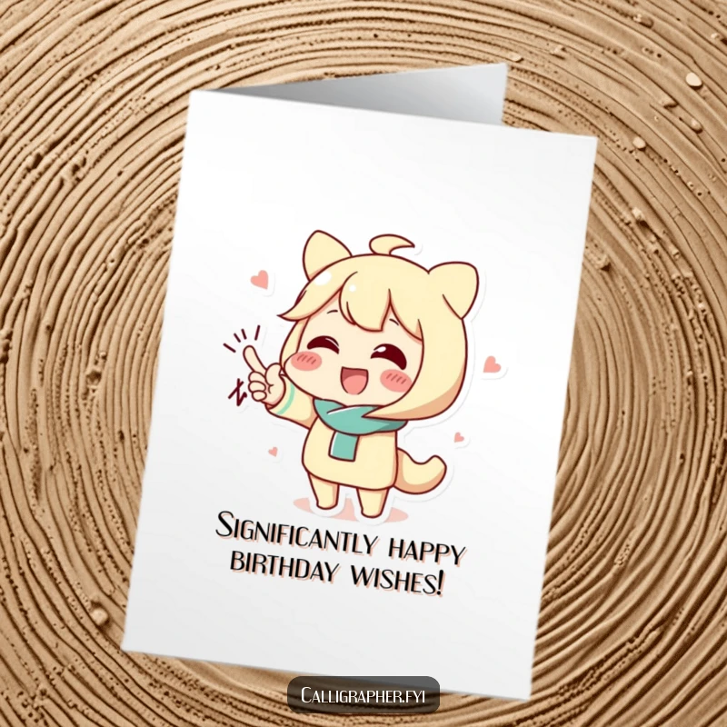 Funny Free Printable Birthday Card: cute character excitedly shows off a dramatically flourished signature.