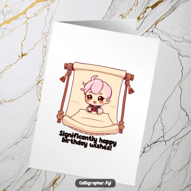 Funny Free Printable Birthday Card: Cute character dramatically signing a large scroll with an exaggerated flourish.