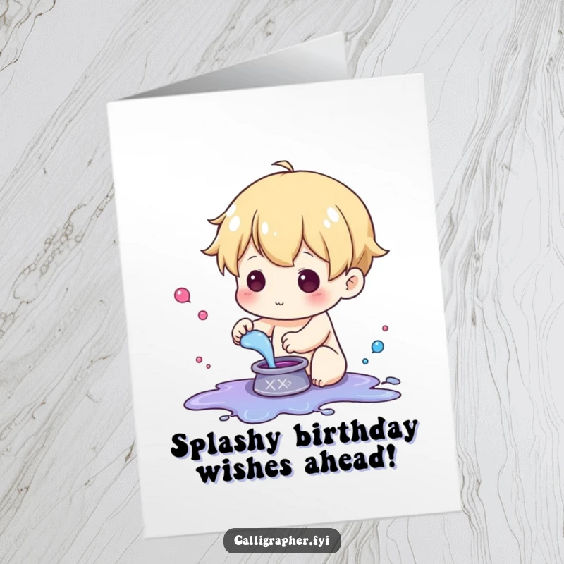 Funny Free Printable Birthday Card: cute character joyfully splashing ink from a small pot.