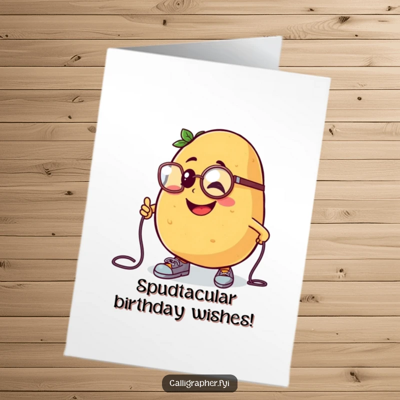 Funny Free Printable Birthday Card: Cheerful potato character tripping, monocle, downloadable humor.