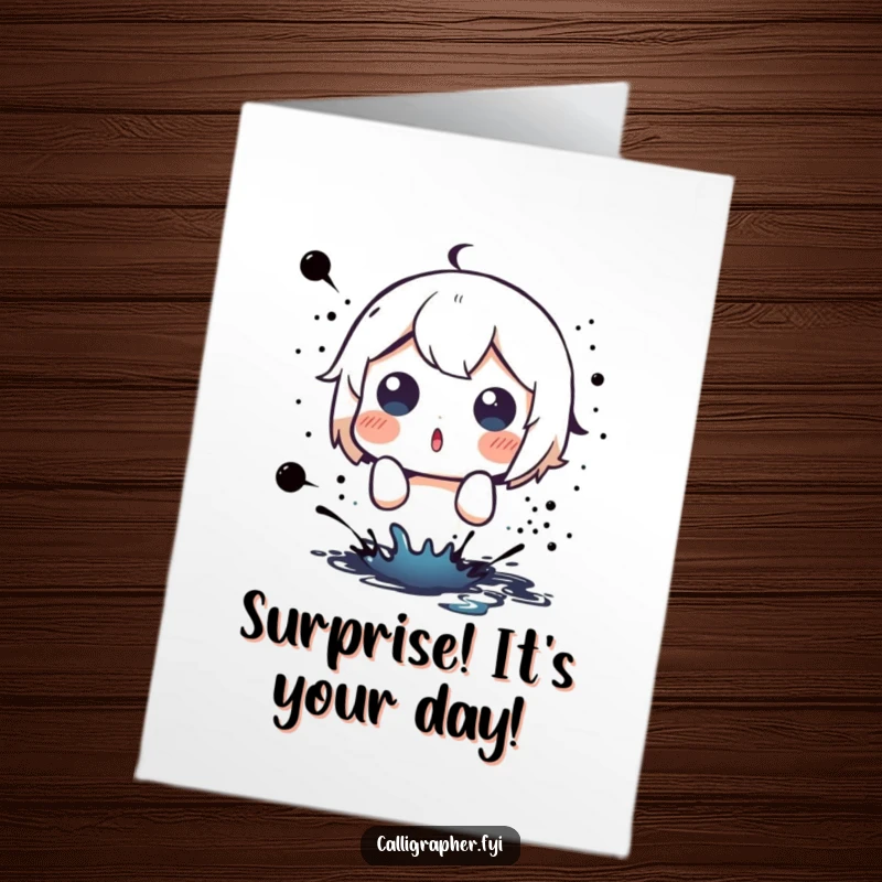 Funny Free Printable Birthday Card: Cute character surprised by an ink splatter, a humorous and celebratory downloadable.