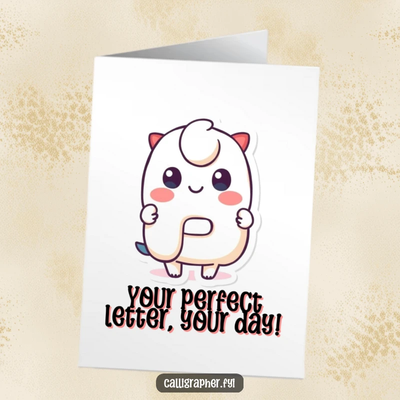 Funny Free Printable Birthday Card featuring a cute character proudly displaying a perfectly formed, stylized letter with a big, cheerful smile.