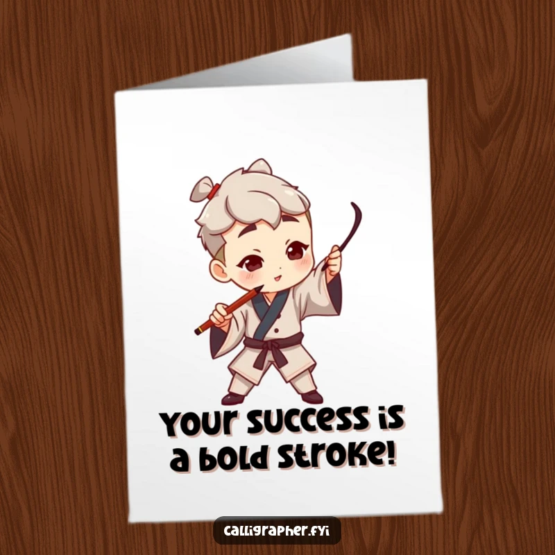 Funny Free Printable Congratulations Card: Artist dramatically gesturing with a calligraphy pen, celebrating success with boldness.