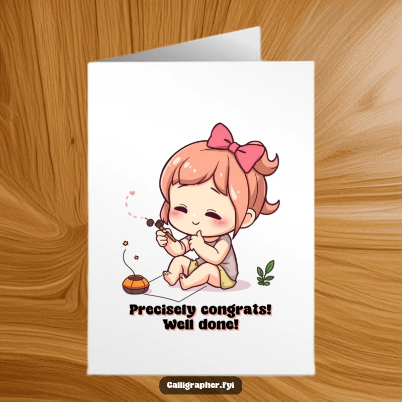 Funny Free Printable Congratulations Card: cute character focused on meticulously drawing a delicate, elegant flourish.