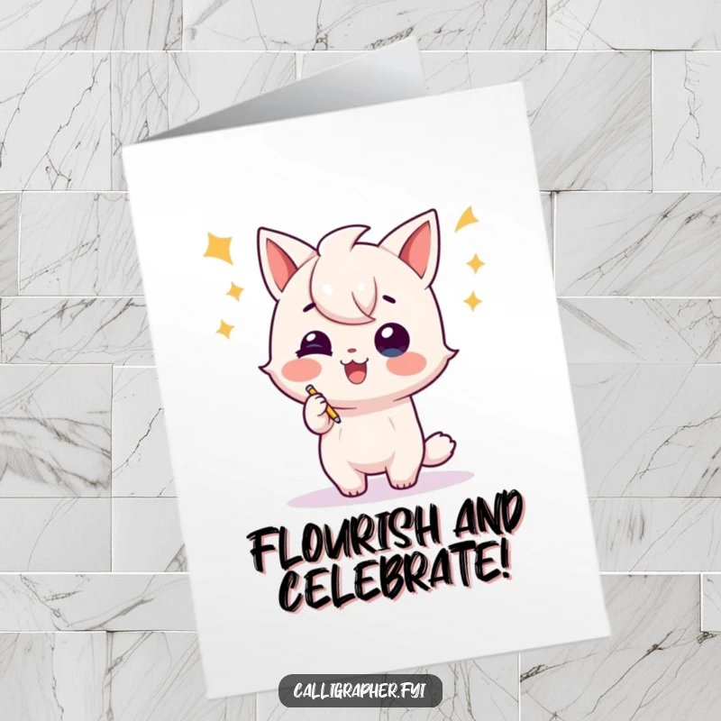Funny Free Printable Congratulations Card: A character performs a joyful flourish after completing their writing, celebrating success with flair.