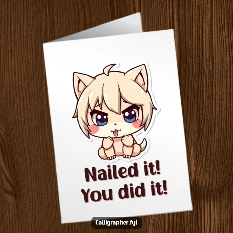 Funny Free Printable Congratulations Card: Cute character intensely focused, tongue out, celebrating a big win with joy.