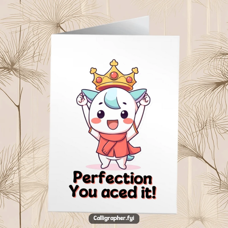 Funny Free Printable Congrats Card: Kawaii character triumphantly holds up a perfect creation, beaming with pride, a downloadable celebration.