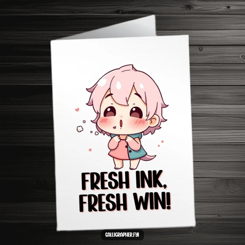 Funny Free Printable Congratulations Card: A character looking surprised while gently blowing on wet ink, symbolizing a fresh start or achievement.