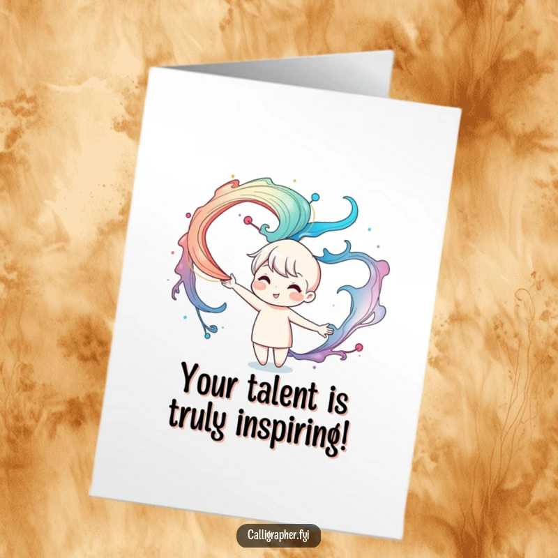 Funny Free Printable Congrats Card showcasing a cute character inking magical swirling patterns to celebrate achievements.