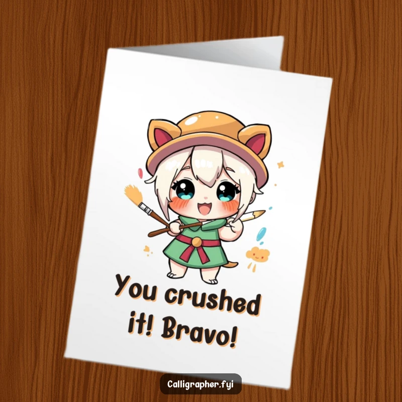 Funny Free Printable Congratulations Card: Stylized character joyfully painting, celebrating success with artistic flair.