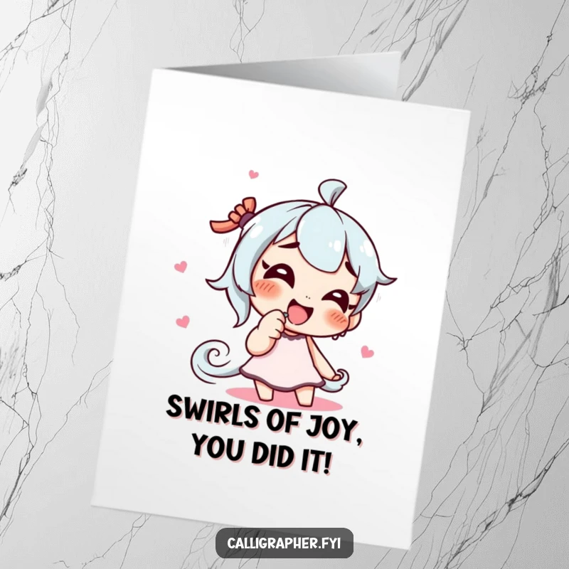 Funny Free Printable Congratulations Card: Artist giggling, drawing a swirl with a finger, celebrating success creatively.