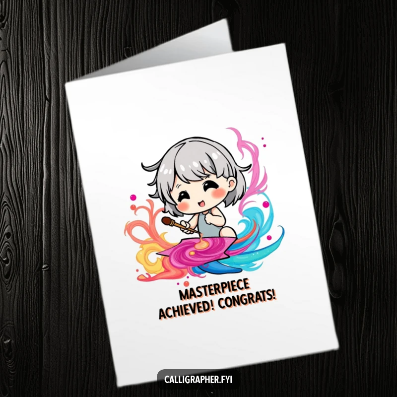 Funny Free Printable Congratulations Card: cute character enthusiastically paints a vibrant, swirling ink design to celebrate.