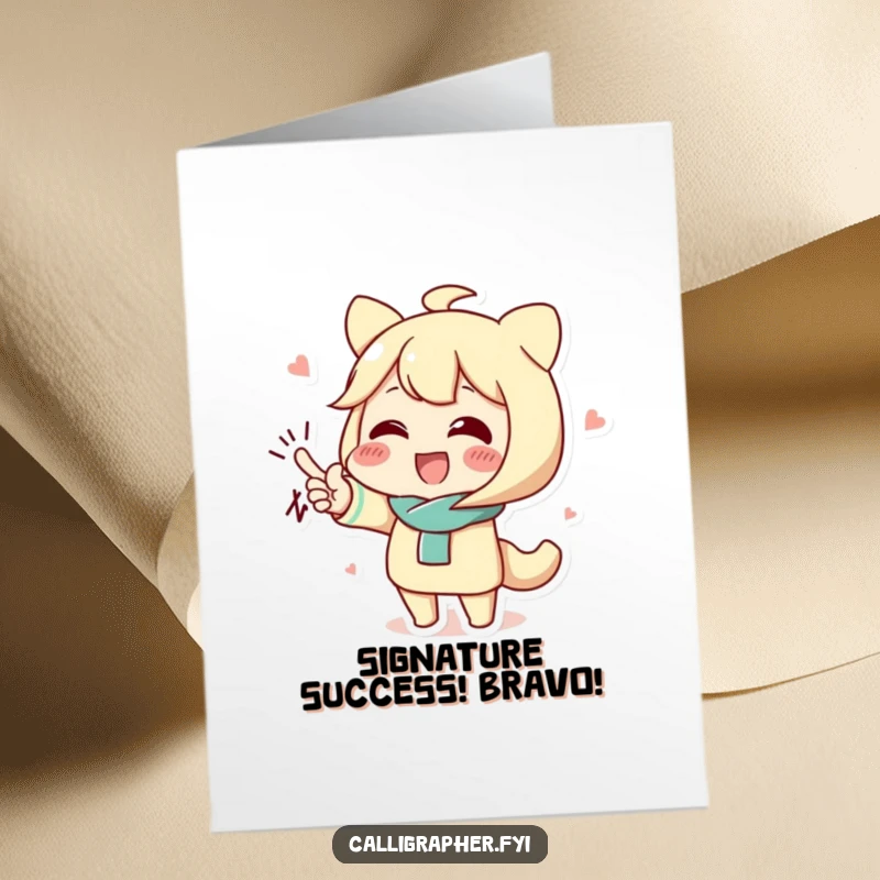 Funny Free Printable Congratulations Card: cute character proudly displays a grand, flourished signature.