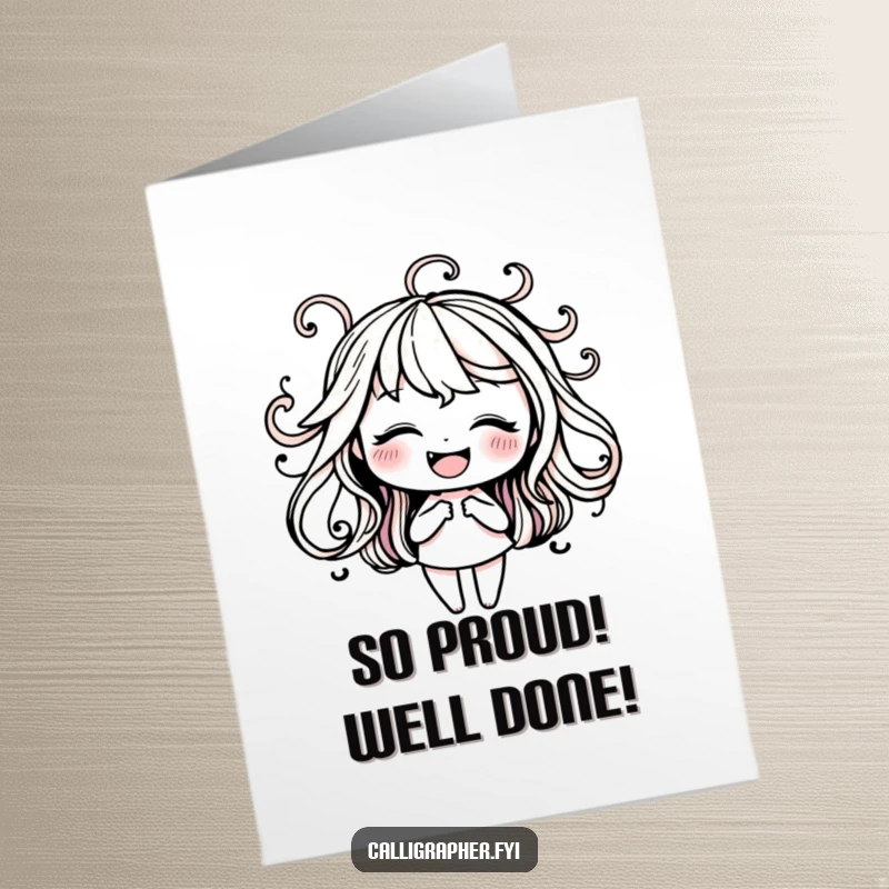 Funny Free Printable Congratulations Card: Happy character practicing elegant ink swirls, conveying sophisticated celebratory wishes.
