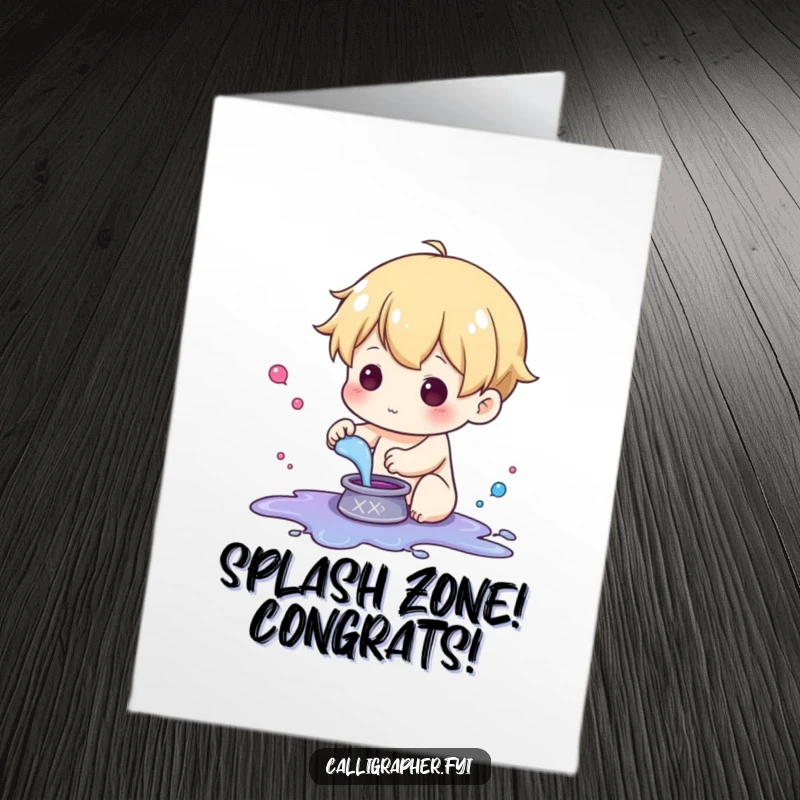 Funny Free Printable Congratulations Card: cute character playfully splashing ink from a little pot.