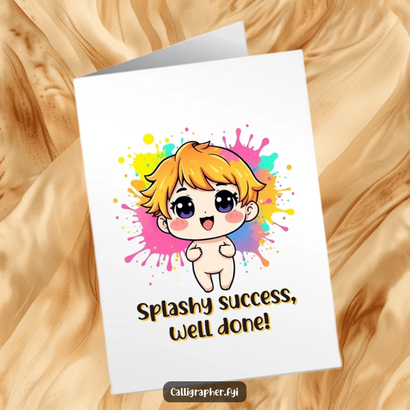 Funny Free Printable Congratulations Card: Playful character creating vibrant paint splashes, a dynamic and downloadable DIY gift for celebrating big wins.