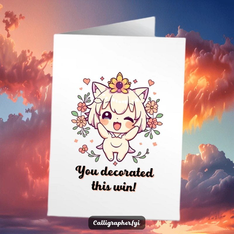 Funny Free Printable Congratulations Card: Cute character excitedly decorating with flourishes, perfect for a downloadable DIY congratulatory message.