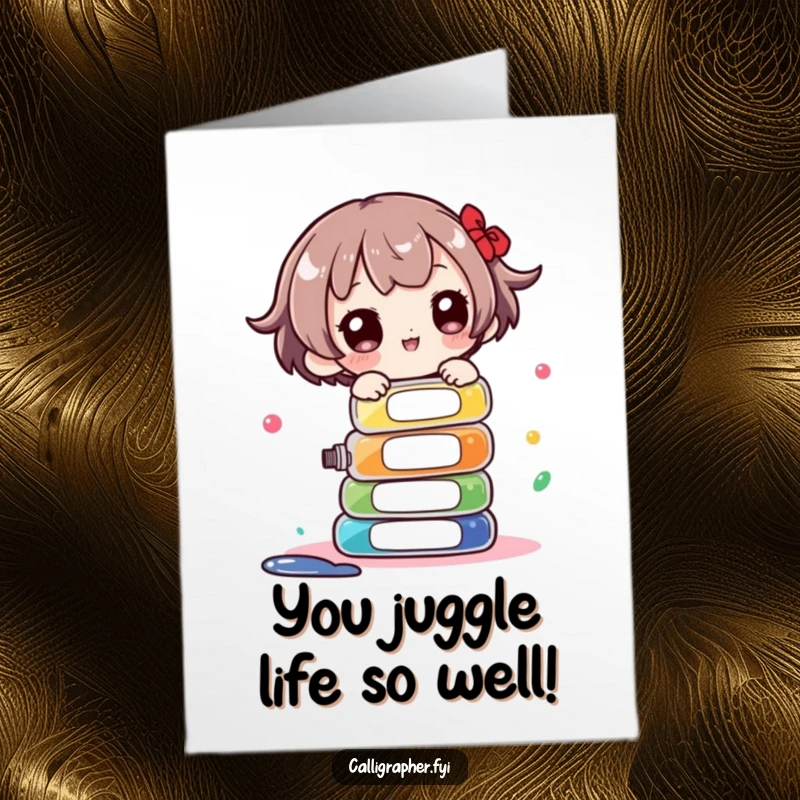 Funny Free Printable Congratulations Card: Character humorously balancing a precarious tower of vibrant ink bottles.